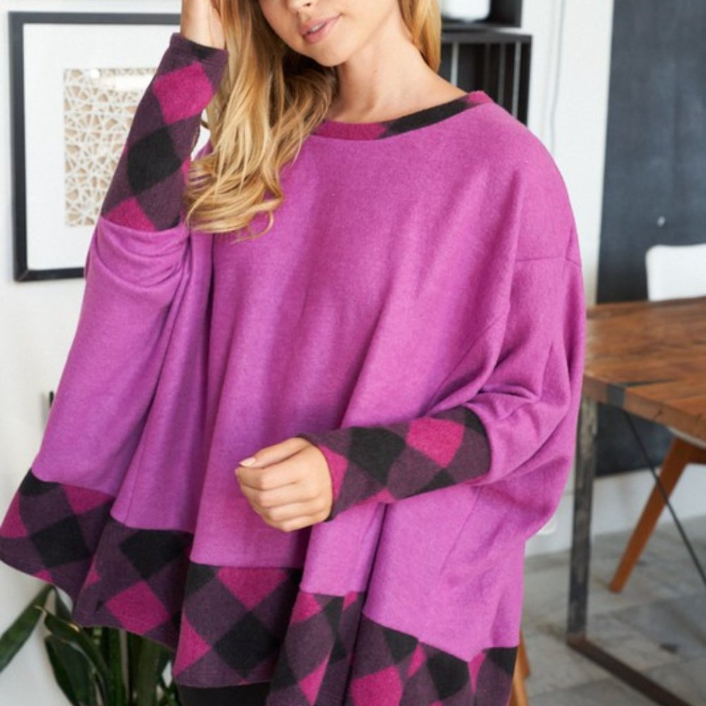 7. Pink and Black Fleecy Sweater with Plaid‎ Accents - Picture 2 of 4